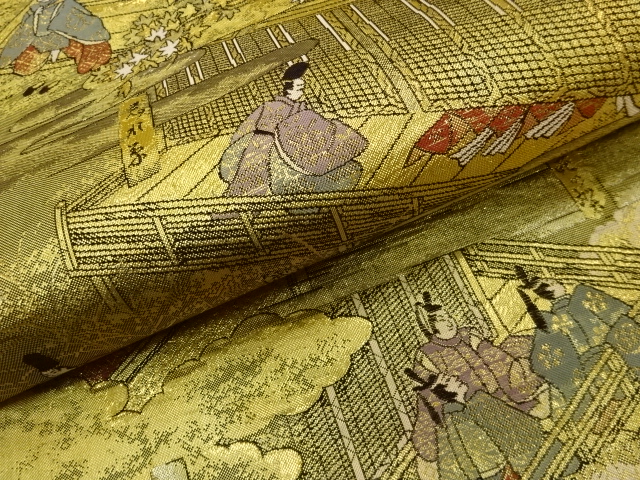  本金箔プラチナ箔伊勢物語模様織出し袋帯